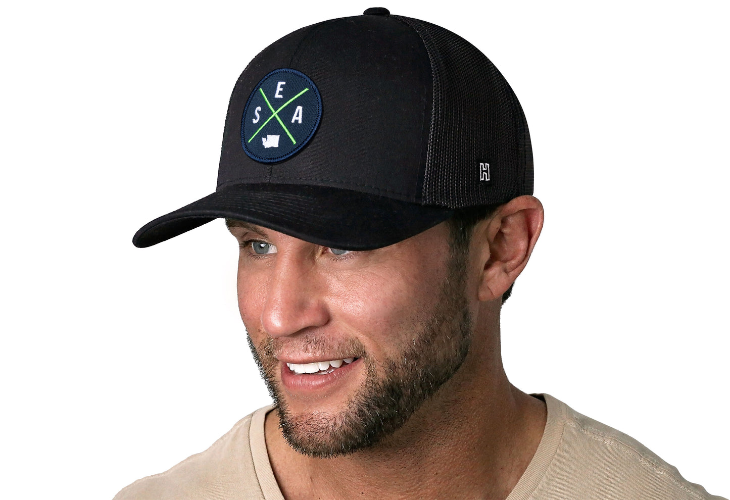 Seattle Navy Green Trucker Hat | Black SEA Snapback