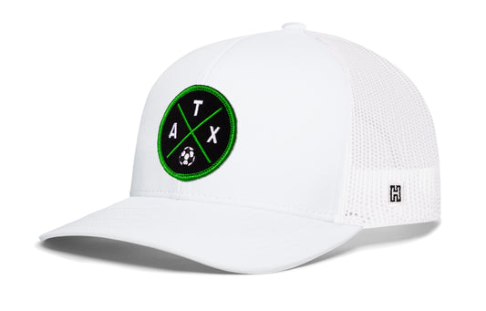 Austin Soccer Trucker Hat, white snapback showing Haka brandmark on left side of cap.
