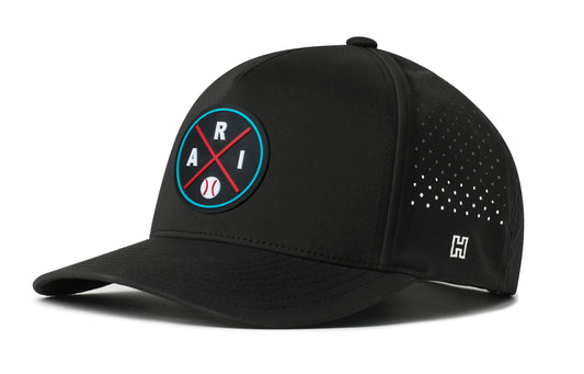 Arizona Baseball Performance 5-Panel Hat, black snapback showing Haka brandmark on left side of cap.
Arizona.