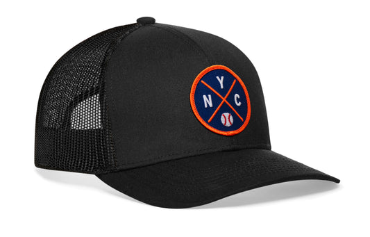 New York Baseball Trucker Hat, white snapback showing Haka brandmark on left side of cap.