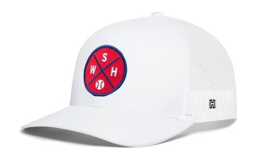 Washington DC Baseball Trucker Hat, white snapback showing Haka brandmark on left side of cap.