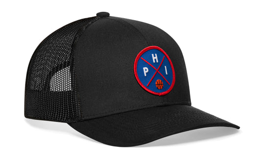 Philadelphia Basketball Trucker Hat, white snapback showing Haka brandmark on left side of cap.
