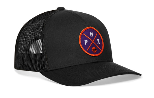 Phoenix Basketball Trucker Hat, white snapback showing Haka brandmark on left side of cap.