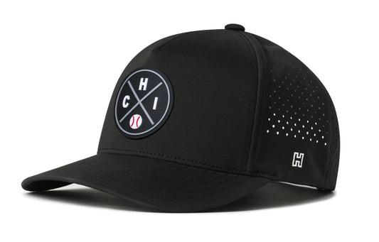 Chicago Baseball Performance 5-Panel Hat, black snapback showing Haka brandmark on left side of cap.
Chicago.