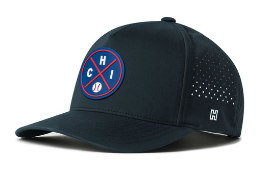 Chicago Baseball Performance 5-Panel Hat, navy snapback showing Haka brandmark on left side of cap.
Chicago.