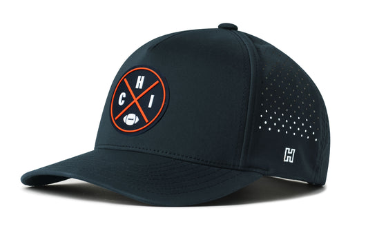 Chicago Football Performance 5-Panel Hat, navy snapback showing Haka brandmark on left side of cap.
Rep Chicago.