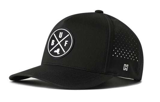Buffalo Performance 5-Panel Hat, black snapback showing Haka brandmark on left side of cap.