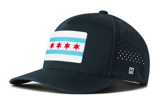 Chicago Flag Performance 5-Panel Hat, navy snapback showing Haka brandmark on left side of cap.