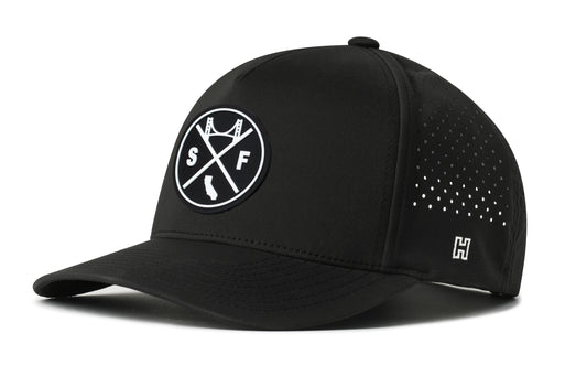 San Francisco Performance 5-Panel Hat, black snapback showing Haka brandmark on left side of cap.
