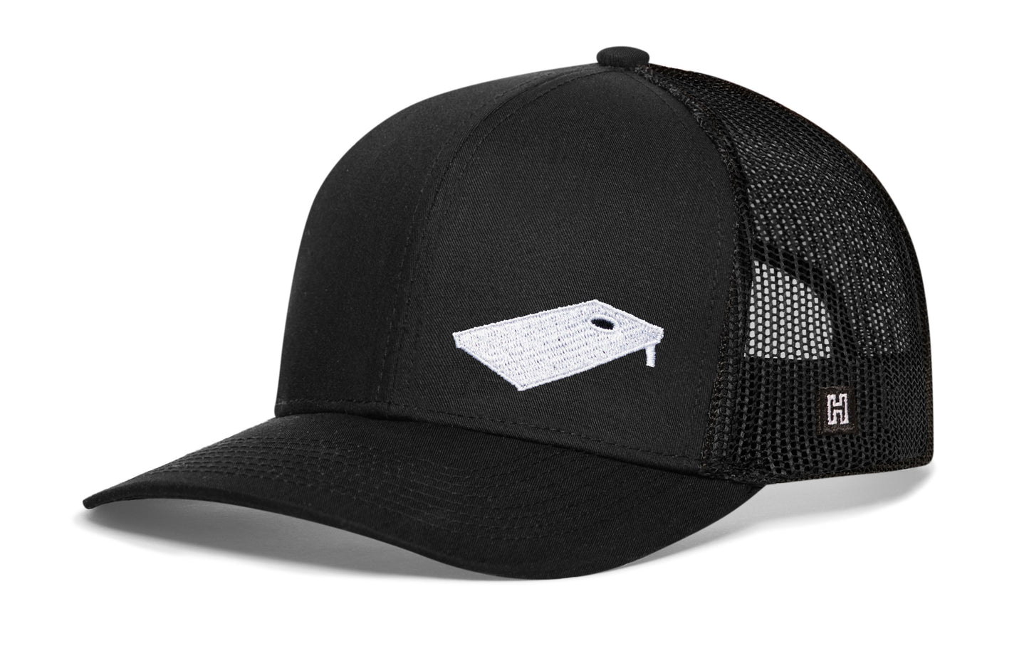 Gorra de camionero con diseño de tablero de cornhole | Gorra negra tipo snapback