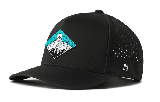 Diamond Mountain and Trees Performance 5-Panel Hat, black snapback showing Haka brandmark on left side of cap.