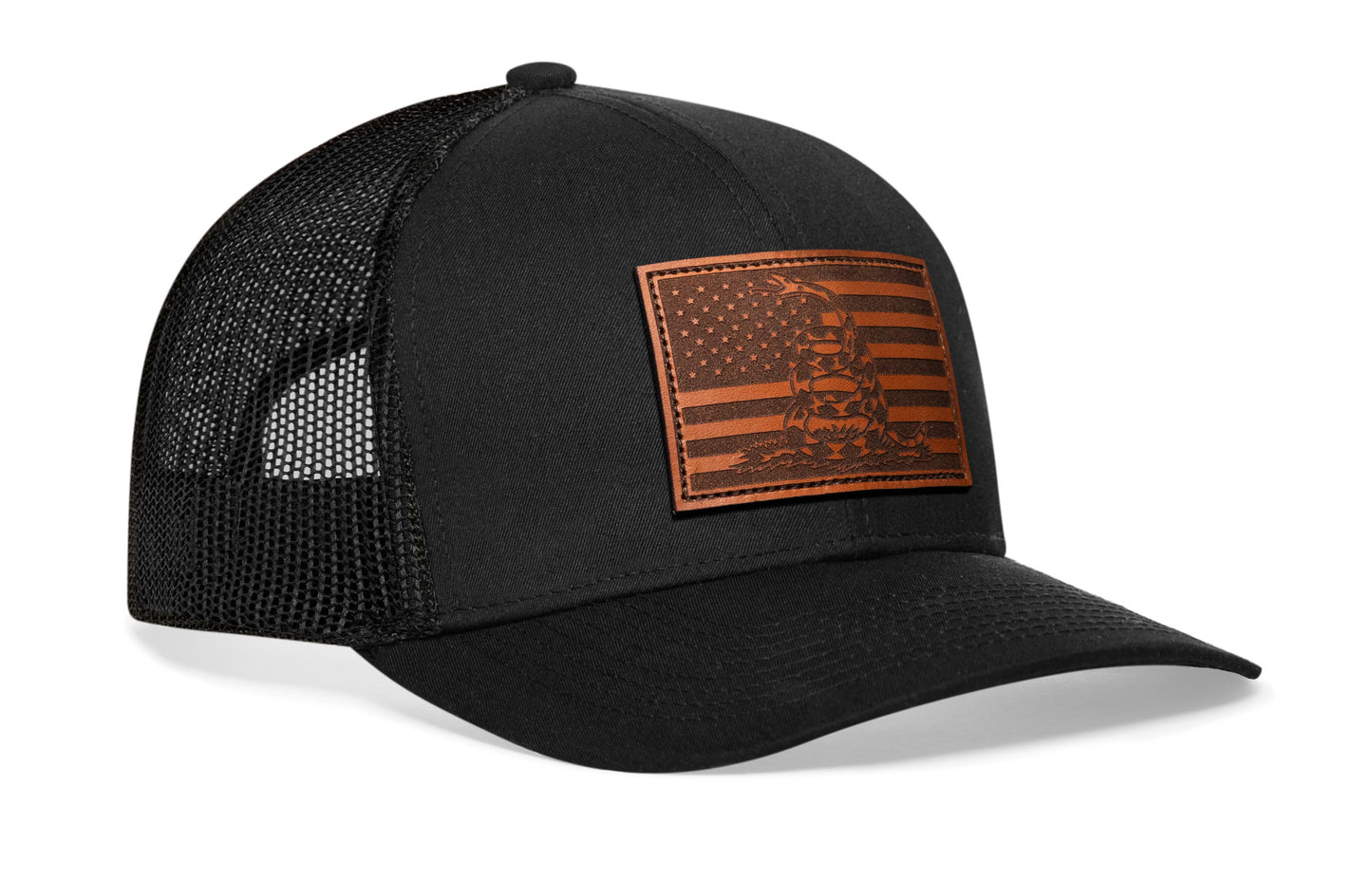 Gorra de camionero de cuero con la bandera de EE. UU. "Don't Tread" | Snapback negra de EE. UU.