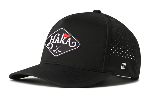 HAKA Golf Performance 5-Panel Hat, black snapback showing Haka brandmark on left side of cap.