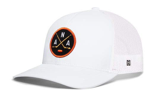 Anaheim hockey trucker hat, white snapback showing Haka brandmark on left side mesh.
Rep Anaheim hockey.