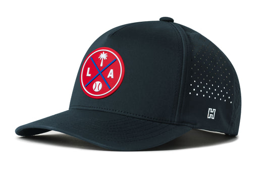 Los Angeles Baseball Performance 5-Panel Hat, navy snapback showing Haka brandmark on left side of cap.
Los Angeles.