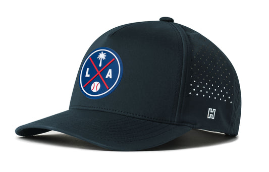 Los Angeles Baseball Performance 5-Panel Hat, navy snapback showing Haka brandmark on left side of cap.
Los Angeles.