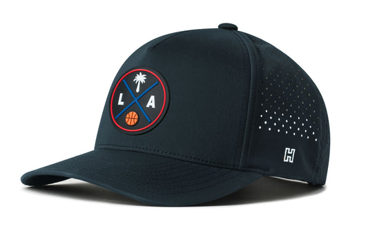 Los Angeles Basketball Performance 5-Panel Hat, navy snapback showing Haka brandmark on left side of cap.
Los Angeles.