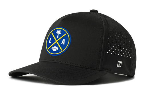 Los Angeles Football Performance 5-Panel Hat, black snapback showing Haka brandmark on left side of cap.
Rep Los Angeles.