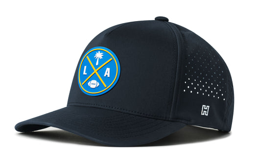LA Football Performance 5-Panel Hat, navy snapback showing Haka brandmark on left side of cap.
The Los Angeles.