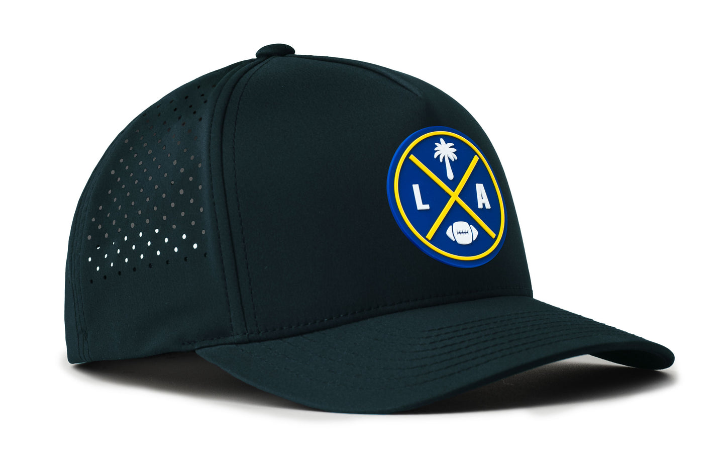 navy trucker hat viewed from the right side, showcasing a bold royal and gold pvc patch prominently displayed on the front