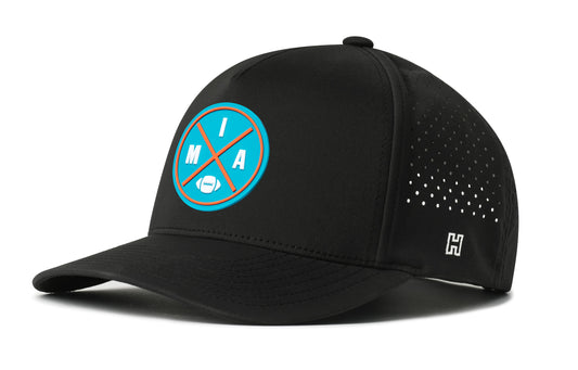 Miami Football Performance 5-Panel Hat, black snapback showing Haka brandmark on left side of cap.
Rep Miami.