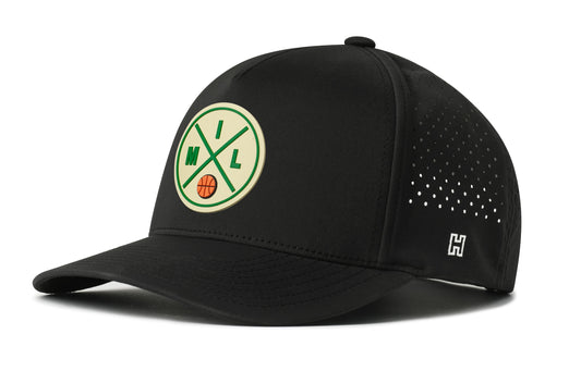 Milwaukee Basketball Performance 5-Panel Hat, black snapback showing Haka brandmark on left side of cap.
Milwaukee.
