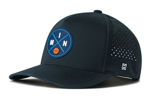 Minneapolis Basketball Performance 5-Panel Hat, navy snapback showing Haka brandmark on left side of cap.
Minneapolis.