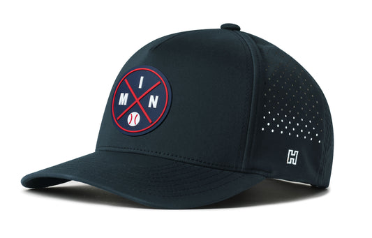 Minnesota Baseball Performance 5-Panel Hat, navy snapback showing Haka brandmark on left side of cap.
Minnesota.