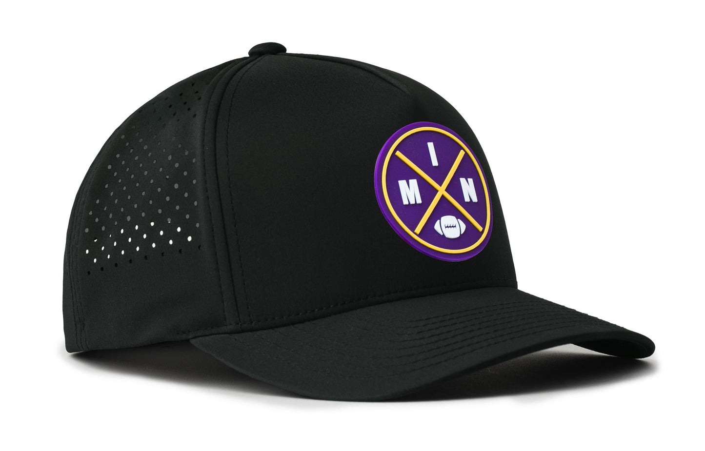 black trucker hat viewed from the right side, showcasing a bold purple and gold pvc patch prominently displayed on the front