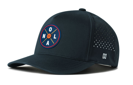 New Orleans Basketball Performance 5-Panel Hat, navy snapback showing Haka brandmark on left side of cap.
New Orleans.