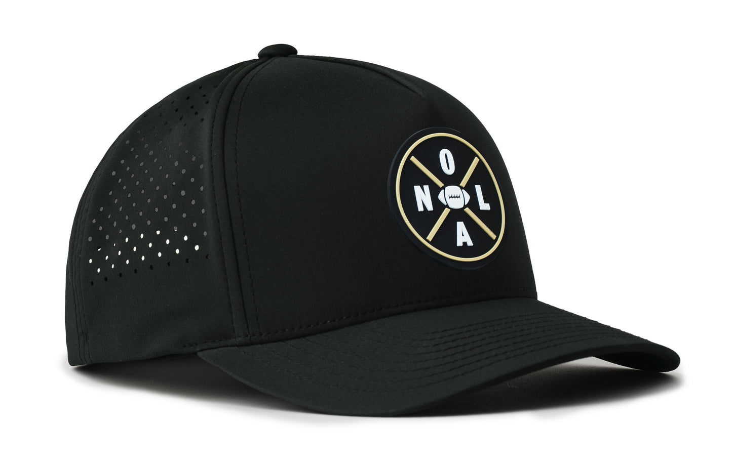 black trucker hat viewed from the right side, showcasing a bold black and vegas pvc patch prominently displayed on the front