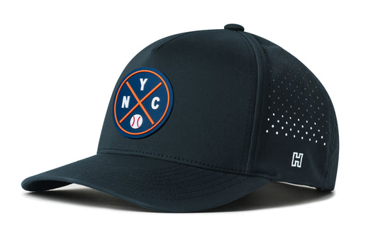 New York Baseball Performance 5-Panel Hat, navy snapback showing Haka brandmark on left side of cap.
New York.