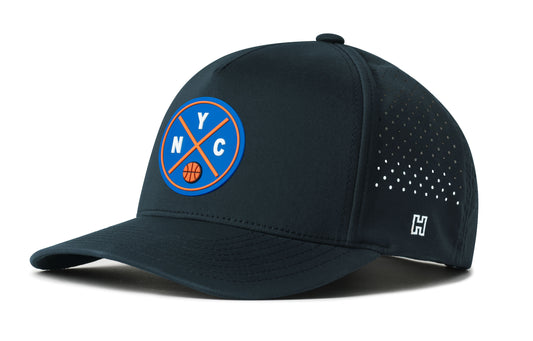 New York Basketball Performance 5-Panel Hat, navy snapback showing Haka brandmark on left side of cap.
New York.