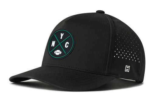 New York Football Performance 5-Panel Hat, black snapback showing Haka brandmark on left side of cap.
Rep New York.