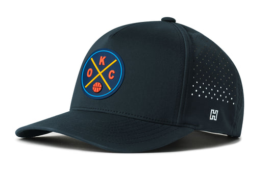 Oklahoma City Basketball Performance 5-Panel Hat, navy snapback showing Haka brandmark on left side of cap.
Oklahoma City.