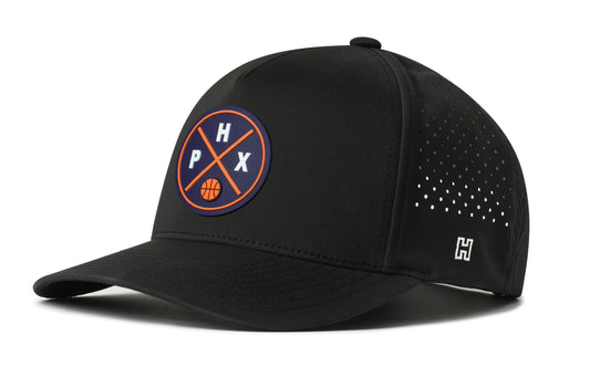 Phoenix Basketball Performance 5-Panel Hat, black snapback showing Haka brandmark on left side of cap.
Phoenix.