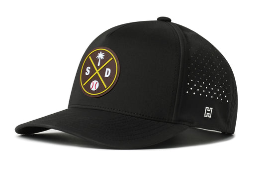 San Diego Baseball Performance 5-Panel Hat, black snapback showing Haka brandmark on left side of cap.
San Diego.