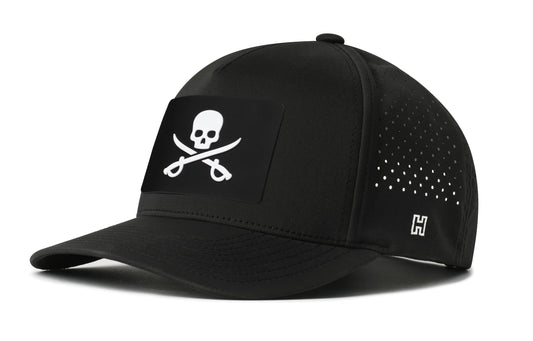 Pirate Flag Performance 5-Panel Hat, black snapback showing Haka brandmark on left side of cap.
