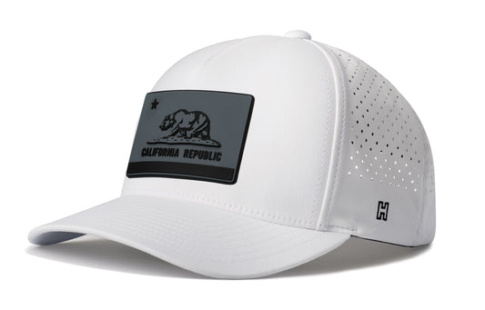 California Flag Performance 5-Panel Hat, white snapback showing Haka brandmark on left side of cap.