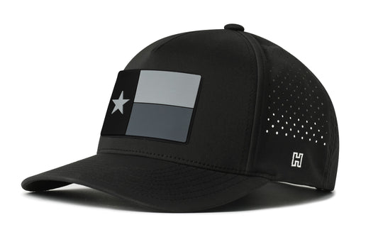 Texas Flag Performance 5-Panel Hat, black snapback showing Haka brandmark on left side of cap.