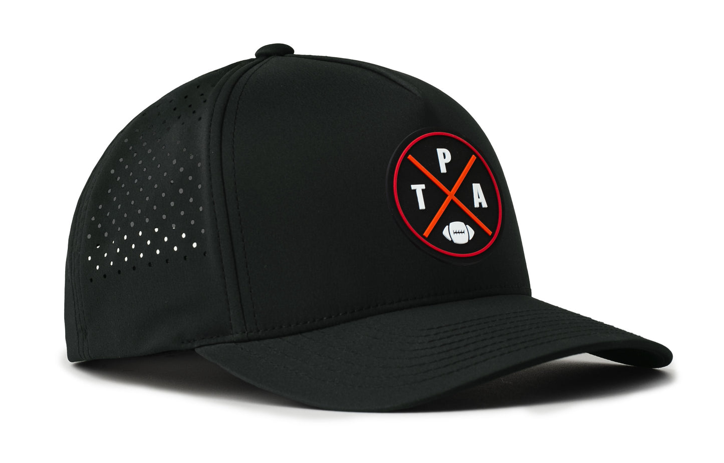 black trucker hat viewed from the right side, showcasing a bold black, red and orange pvc patch prominently displayed on the front