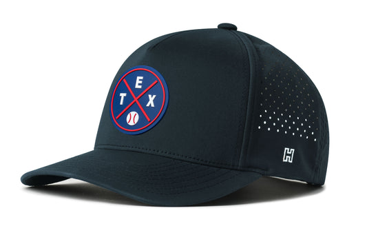 Texas Baseball Performance 5-Panel Hat, navy snapback showing Haka brandmark on left side of cap.
Texas.