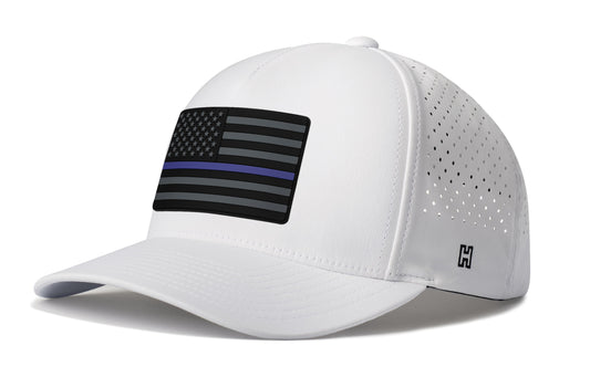 Thin Blue Line Performance 5-Panel Hat, white snapback showing Haka brandmark on left side of cap.
