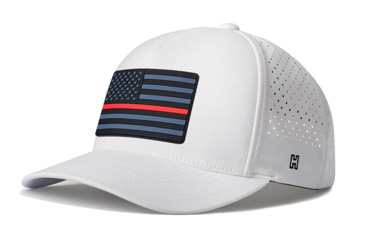 Thin Red Line Tactical Performance 5-Panel Hat, white snapback showing Haka brandmark on left side of cap.
The Thin Red Line.