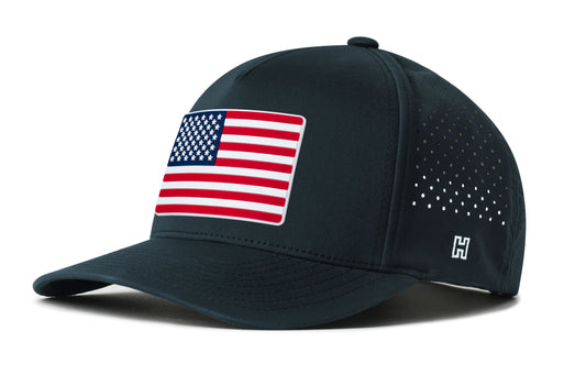 USA Performance 5-Panel Hat, navy snapback showing Haka brandmark on left side of cap.