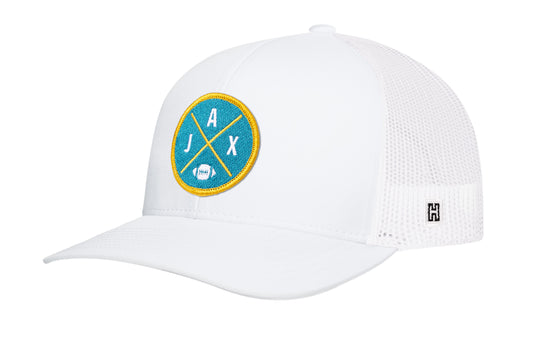 Jacksonville Football Trucker Hat, white snapback showing Haka brandmark on left side of cap.