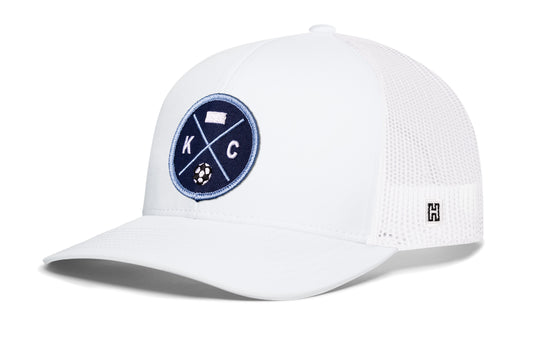 Kansas City KS Soccer Trucker Hat, white snapback showing Haka brandmark on left side of cap.