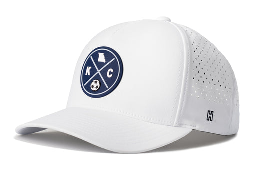 Kansas City MO Soccer Performance 5-Panel Hat, white snapback showing Haka brandmark on left side of cap.