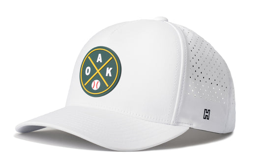 Oakland Baseball Performance 5-Panel Hat, white snapback showing Haka brandmark on left side of cap.