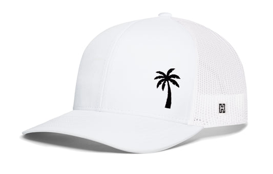 Palm Tree Trucker Hat, gray-black snapback showing Haka brandmark on left side of cap.